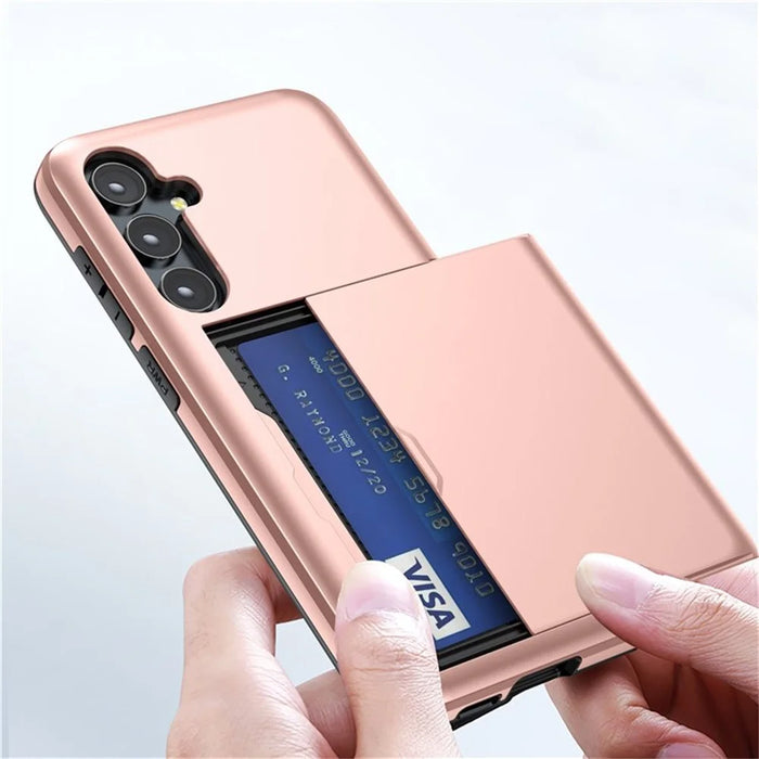 AMORUS For Samsung Galaxy S25 Case with Sliding Card Holder PC TPU Phone Back Cover - Rose Gold - 3