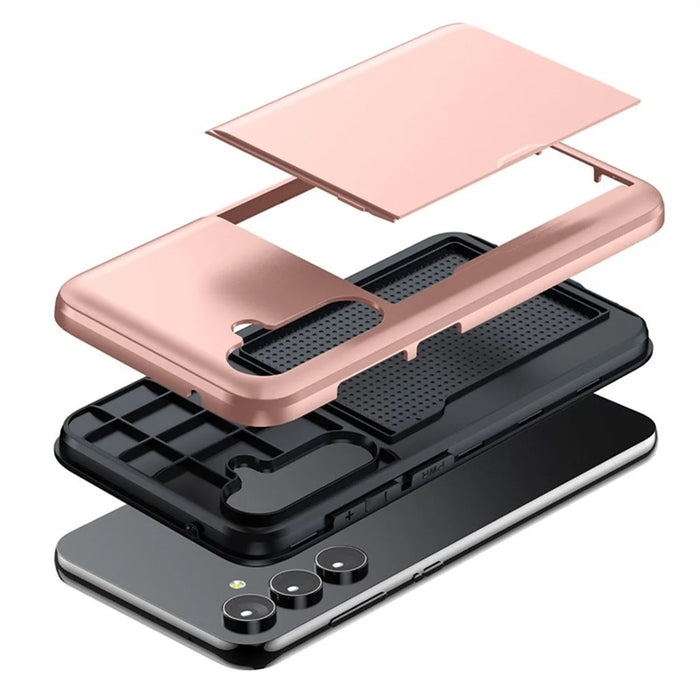 AMORUS For Samsung Galaxy S25 Case with Sliding Card Holder PC TPU Phone Back Cover - Rose Gold - 4