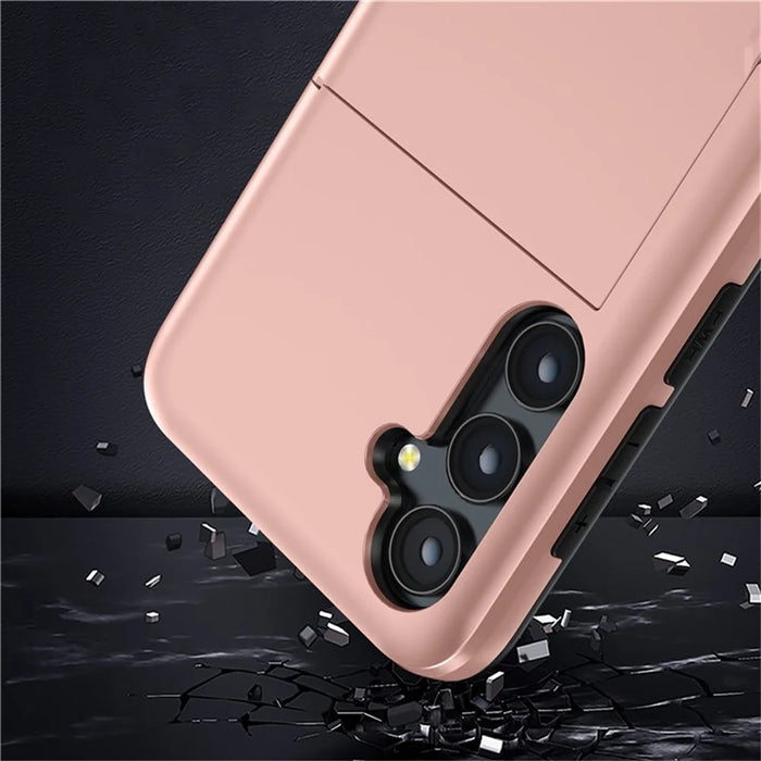 AMORUS For Samsung Galaxy S25 Case with Sliding Card Holder PC TPU Phone Back Cover - Rose Gold - 7