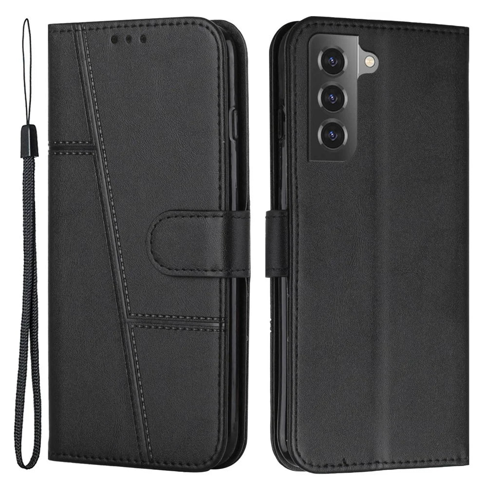 For Samsung Galaxy S23 PU Leather Folding Stand Phone Cover Stitching Design Magnetic Closure Wallet Flip Cover with Strap - Black - 1