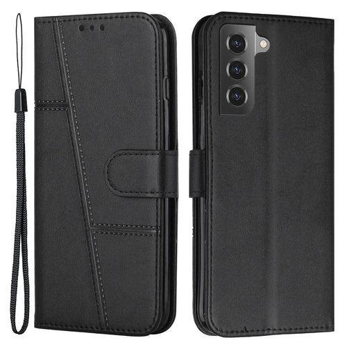 For Samsung Galaxy S23 PU Leather Folding Stand Phone Cover Stitching Design Magnetic Closure Wallet Flip Cover with Strap - Black - 1