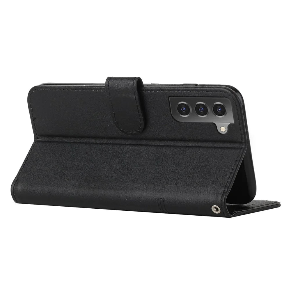 For Samsung Galaxy S23 PU Leather Folding Stand Phone Cover Stitching Design Magnetic Closure Wallet Flip Cover with Strap - Black - 3