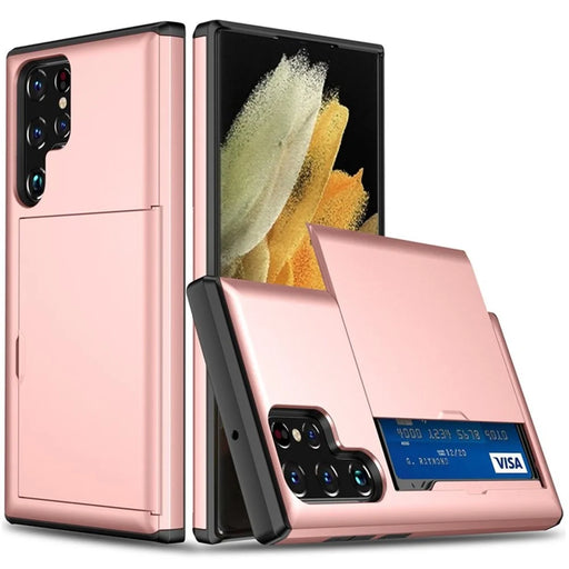 AMORUS For Samsung Galaxy S24 Ultra Case with Sliding Card Holder PC TPU Phone Back Cover - Rose Gold - 1