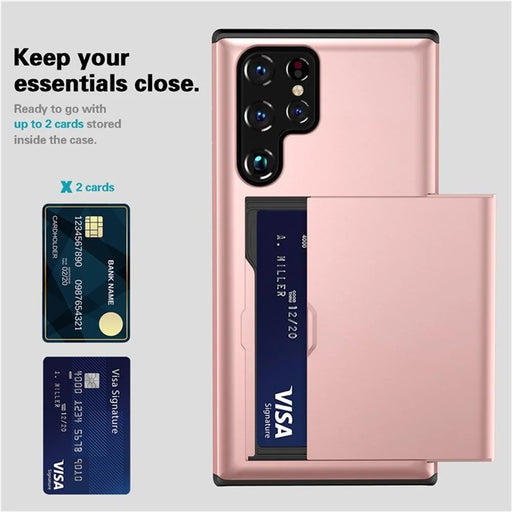 AMORUS For Samsung Galaxy S24 Ultra Case with Sliding Card Holder PC TPU Phone Back Cover - Rose Gold - 2