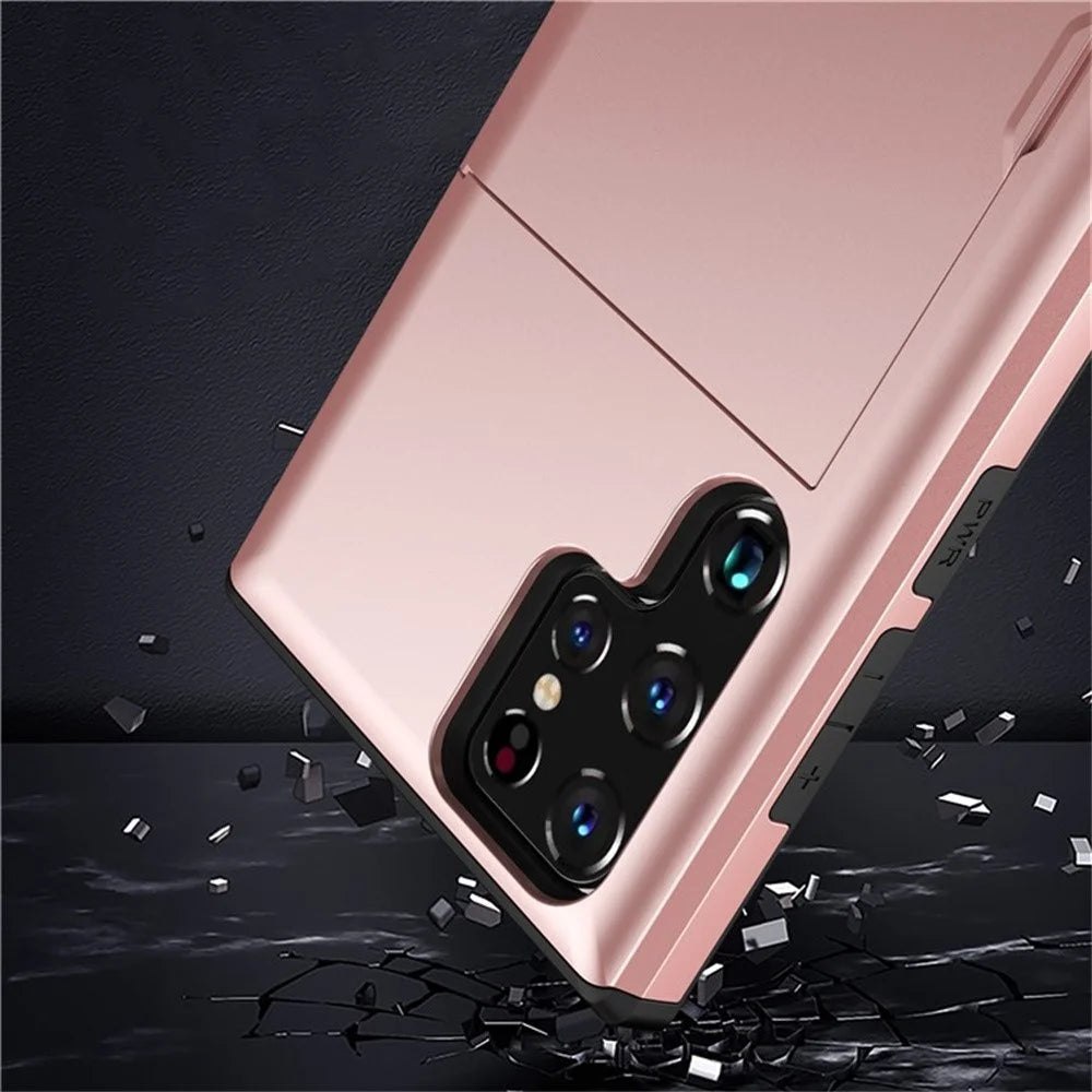 AMORUS For Samsung Galaxy S24 Ultra Case with Sliding Card Holder PC TPU Phone Back Cover - Rose Gold - 6