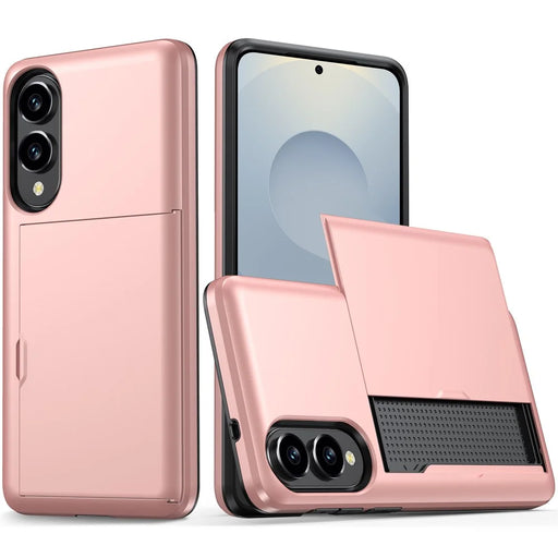 AMORUS For Samsung Galaxy S25 Edge Case with Sliding Card Holder PC TPU Phone Back Cover - Rose Gold - 1