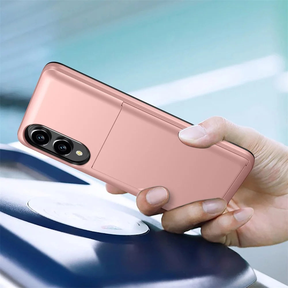 AMORUS For Samsung Galaxy S25 Edge Case with Sliding Card Holder PC TPU Phone Back Cover - Rose Gold - 5