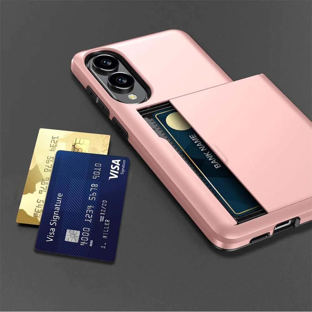 AMORUS For Samsung Galaxy S25 Edge Case with Sliding Card Holder PC TPU Phone Back Cover - Rose Gold - 6