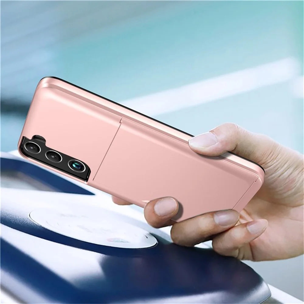 AMORUS For Samsung Galaxy S23 Case with Sliding Card Holder PC TPU Phone Back Cover - Rose Gold - 3