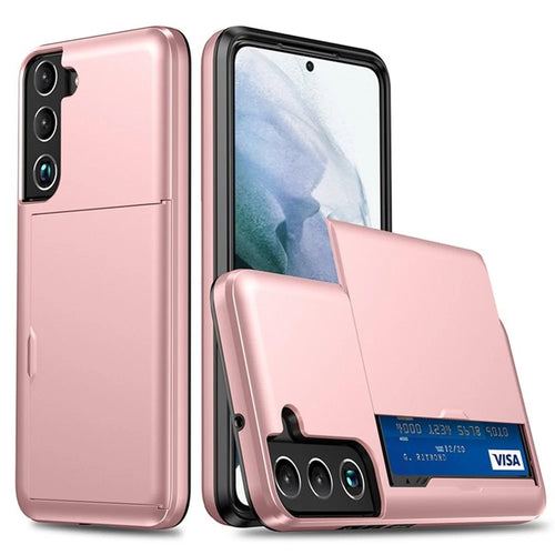 AMORUS For Samsung Galaxy S23+ Case with Sliding Card Holder PC TPU Phone Back Cover - Rose Gold - 1