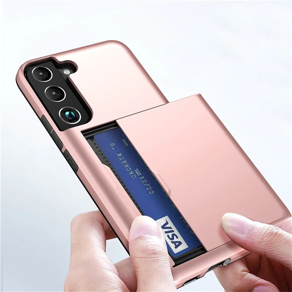 AMORUS For Samsung Galaxy S23+ Case with Sliding Card Holder PC TPU Phone Back Cover - Rose Gold - 4