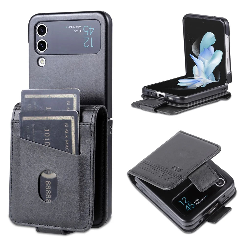 AZNS For Samsung Galaxy Z Flip3 5G Shockproof Case Cowhide Texture PU Leather Case Magnetic Closure Folio Flip Phone Cover with Card Slot - Black - 1