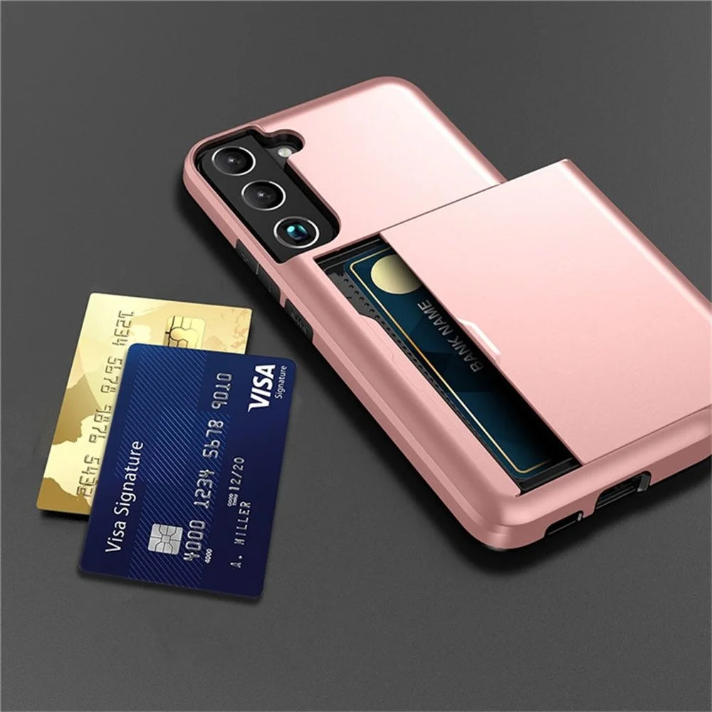 AMORUS For Samsung Galaxy S22+ 5G Case with Sliding Card Holder PC TPU Phone Back Cover - Rose Gold - 5