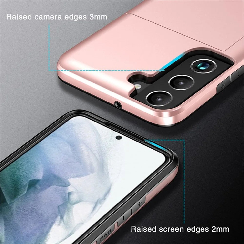 AMORUS For Samsung Galaxy S22+ 5G Case with Sliding Card Holder PC TPU Phone Back Cover - Rose Gold - 6