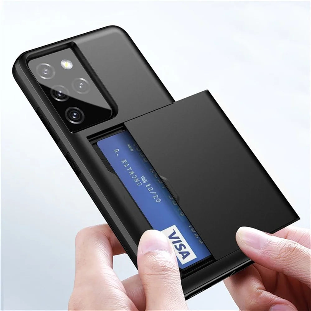 AMORUS For Samsung Galaxy S21 Ultra 5G Case with Sliding Card Holder PC TPU Phone Back Cover - Black - 3