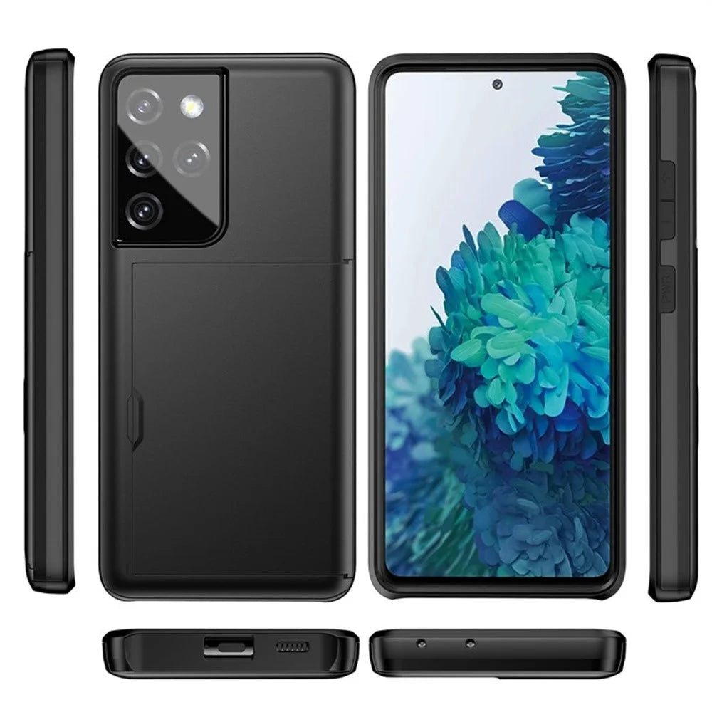AMORUS For Samsung Galaxy S21 Ultra 5G Case with Sliding Card Holder PC TPU Phone Back Cover - Black - 7
