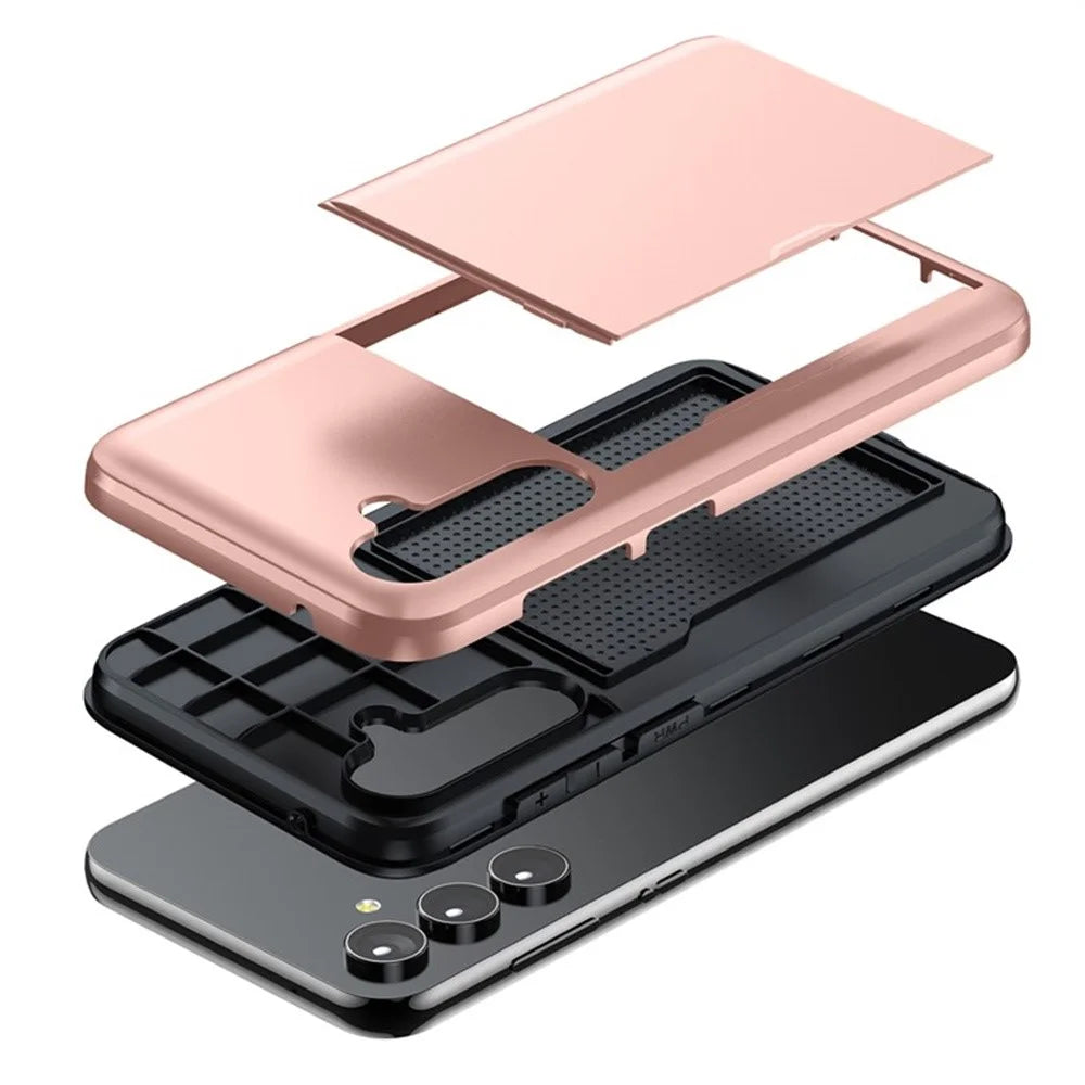 AMORUS For Samsung Galaxy A55 5G Case with Sliding Card Holder PC TPU Phone Back Cover - Rose Gold - 4