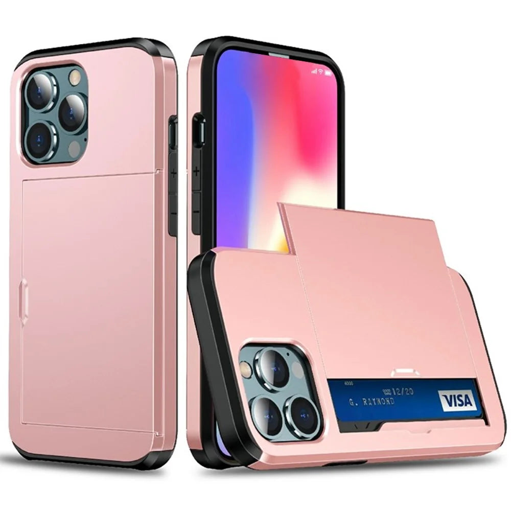 AMORUS For iPhone 13 Pro Max Case with Sliding Card Holder PC TPU Phone Back Cover - Rose Gold - 1