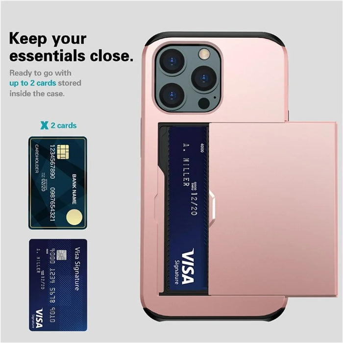 AMORUS For iPhone 13 Pro Max Case with Sliding Card Holder PC TPU Phone Back Cover - Rose Gold - 2