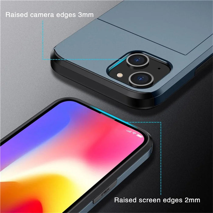 AMORUS For iPhone 14 Case with Sliding Card Holder PC TPU Phone Back Cover - Navy Blue - 6