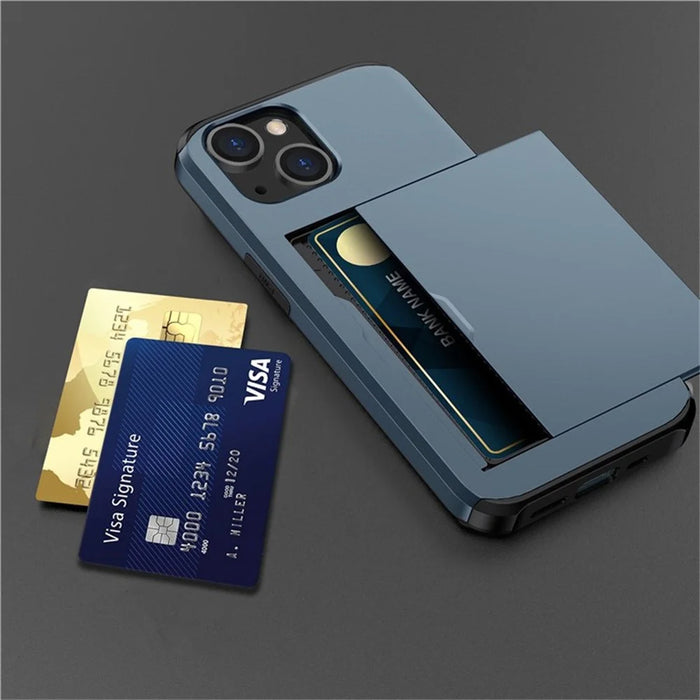 AMORUS For iPhone 14 Case with Sliding Card Holder PC TPU Phone Back Cover - Navy Blue - 7
