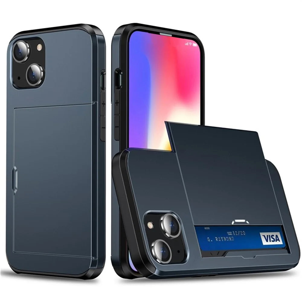 AMORUS For iPhone 15 Case with Sliding Card Holder PC TPU Phone Back Cover - Navy Blue - 1