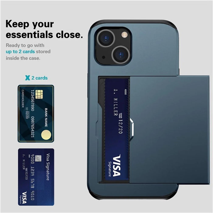 AMORUS For iPhone 15 Case with Sliding Card Holder PC TPU Phone Back Cover - Navy Blue - 2