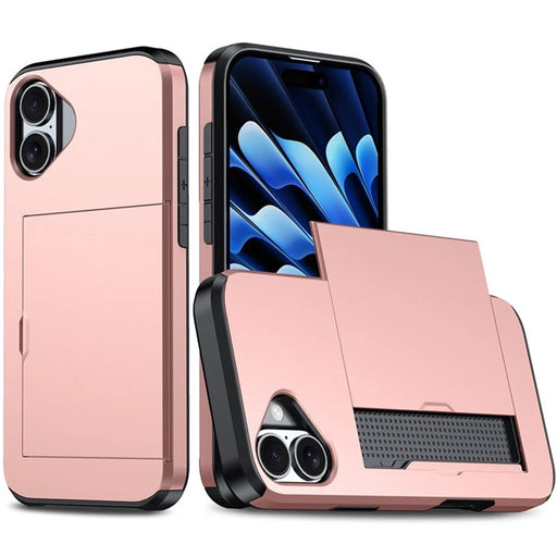 AMORUS For iPhone 16 Case with Sliding Card Holder PC TPU Phone Back Cover - Rose Gold - 1