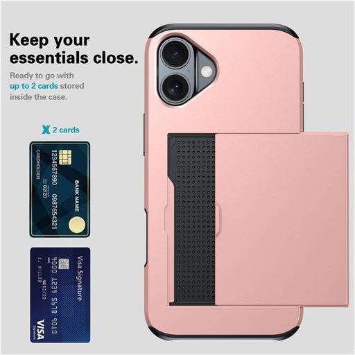 AMORUS For iPhone 16 Case with Sliding Card Holder PC TPU Phone Back Cover - Rose Gold - 2