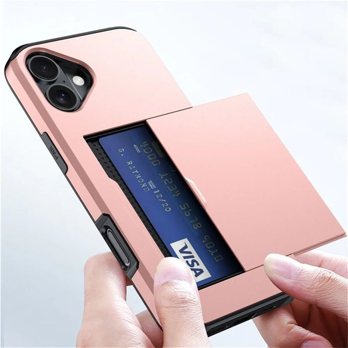 AMORUS For iPhone 16 Case with Sliding Card Holder PC TPU Phone Back Cover - Rose Gold - 3