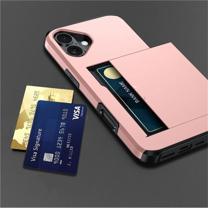 AMORUS For iPhone 16 Case with Sliding Card Holder PC TPU Phone Back Cover - Rose Gold - 5