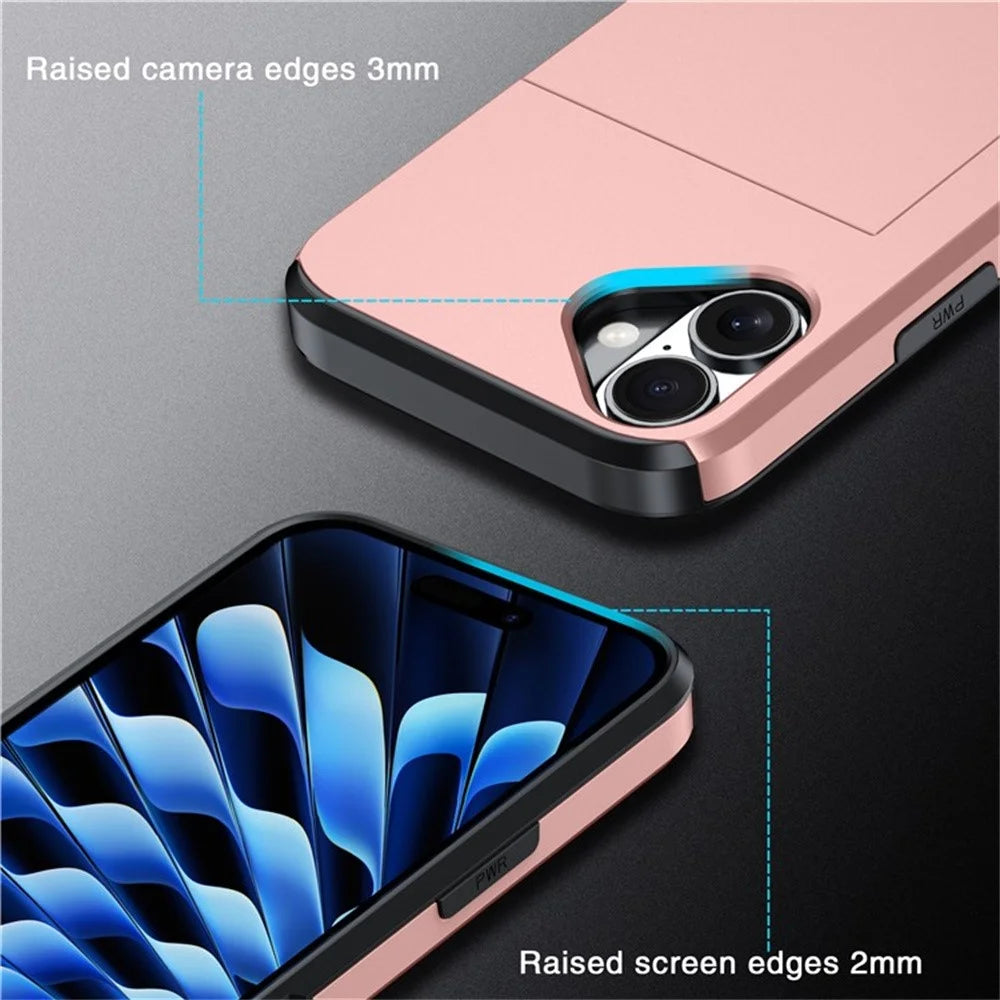 AMORUS For iPhone 16 Plus Case with Sliding Card Holder PC TPU Phone Back Cover - Rose Gold - 6
