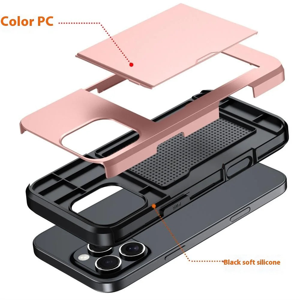 AMORUS For iPhone 16 Pro Max Case with Sliding Card Holder PC TPU Phone Back Cover - Rose Gold - 4