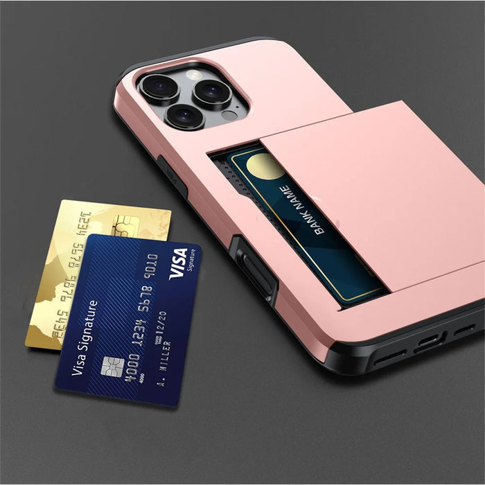 AMORUS For iPhone 16 Pro Max Case with Sliding Card Holder PC TPU Phone Back Cover - Rose Gold - 6
