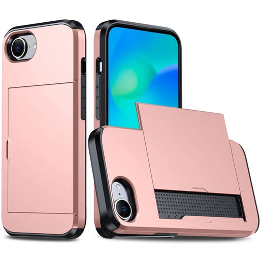 AMORUS For iPhone 17e / 16e Case with Sliding Card Holder PC TPU Phone Back Cover - Rose Gold - 1