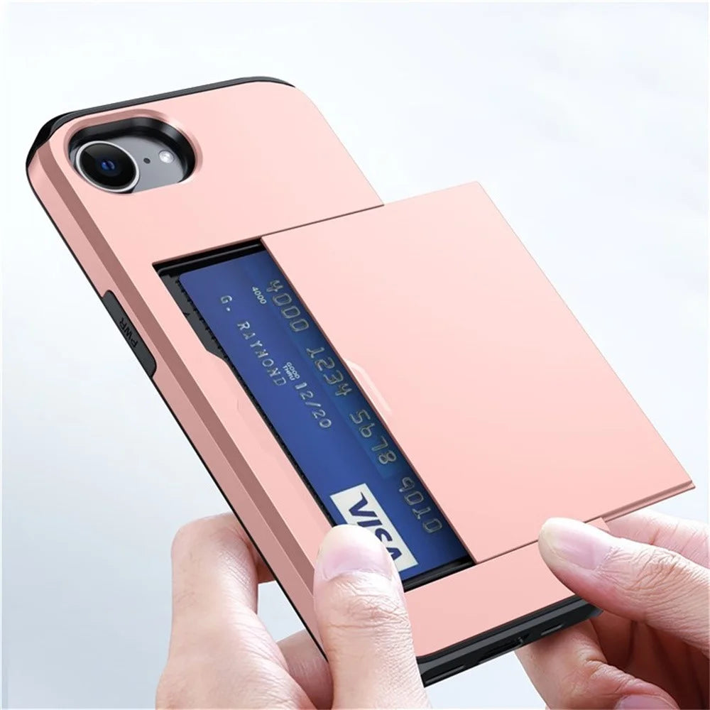 AMORUS For iPhone 17e / 16e Case with Sliding Card Holder PC TPU Phone Back Cover - Rose Gold - 3