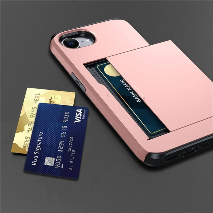 AMORUS For iPhone 17e / 16e Case with Sliding Card Holder PC TPU Phone Back Cover - Rose Gold - 5