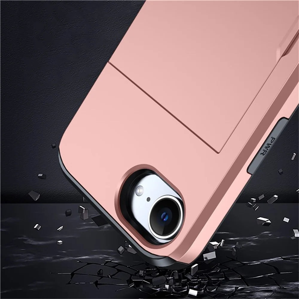 AMORUS For iPhone 17e / 16e Case with Sliding Card Holder PC TPU Phone Back Cover - Rose Gold - 7
