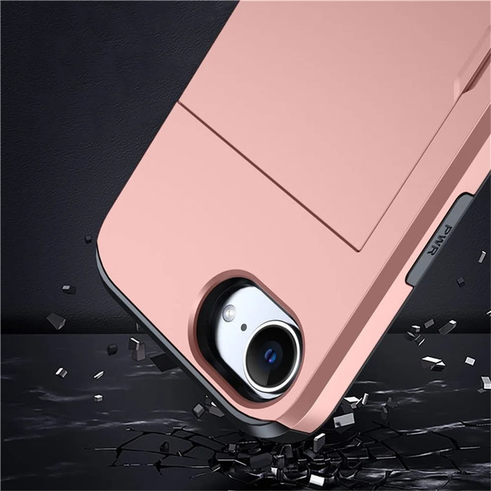 AMORUS For iPhone 17e / 16e Case with Sliding Card Holder PC TPU Phone Back Cover - Rose Gold - 7