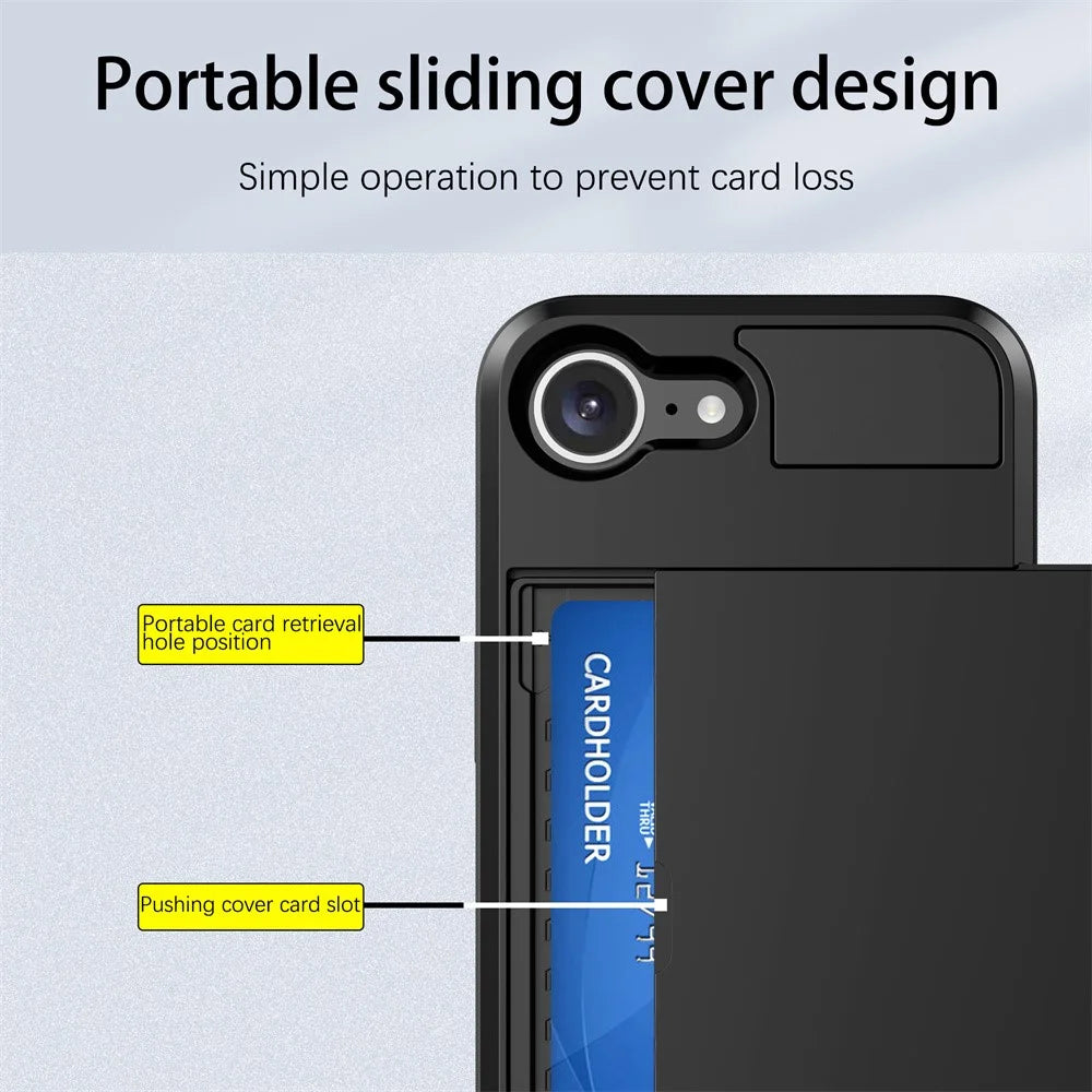 AMORUS Phone Case For iPhone SE (2022)  /  (2020)  /  8  /  7 PC TPU Back Cover with Sliding Card Holder - Black - 2