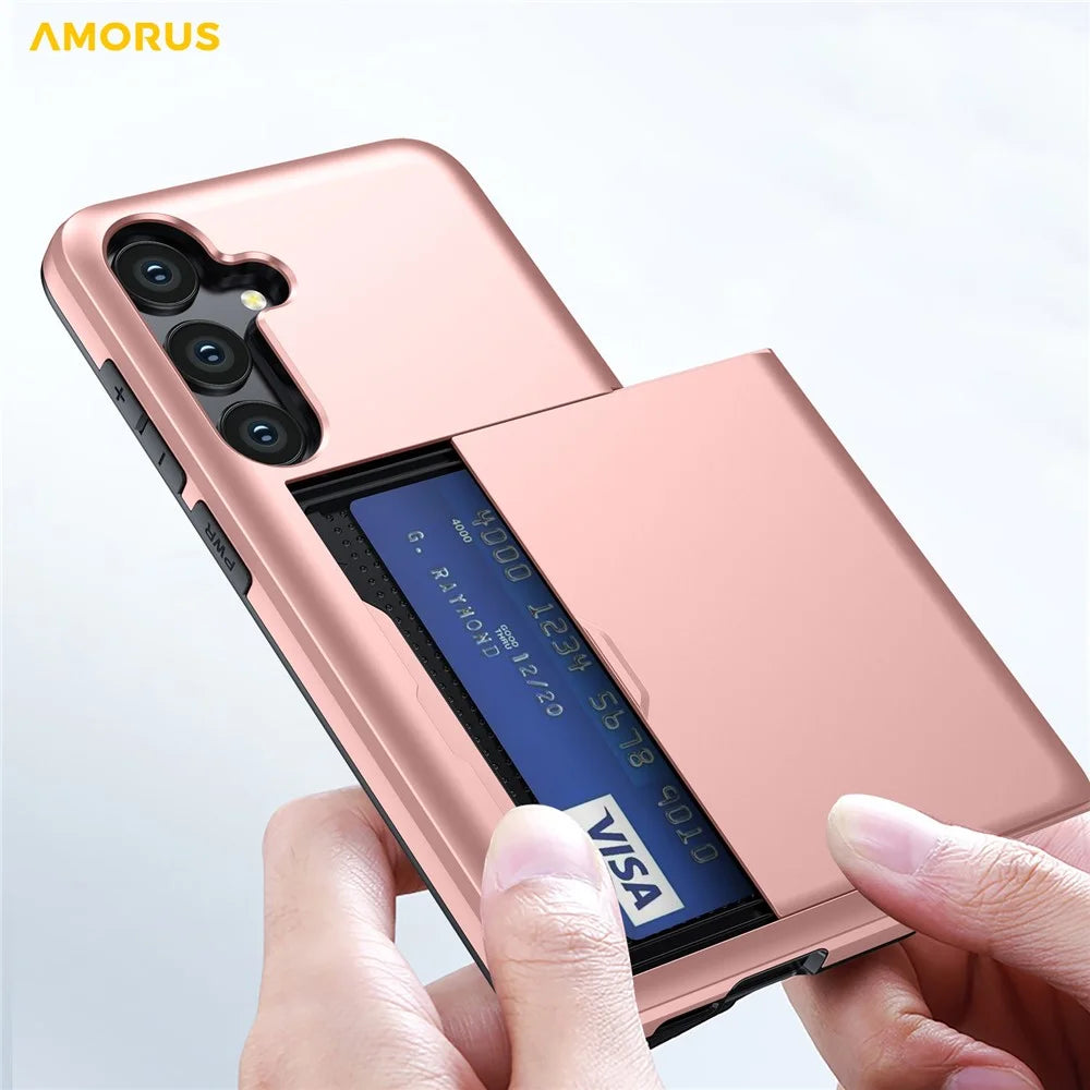 AMORUS For Samsung Galaxy A16 5G / 4G Case with Sliding Card Holder PC TPU Phone Back Cover - Rose Gold - 4
