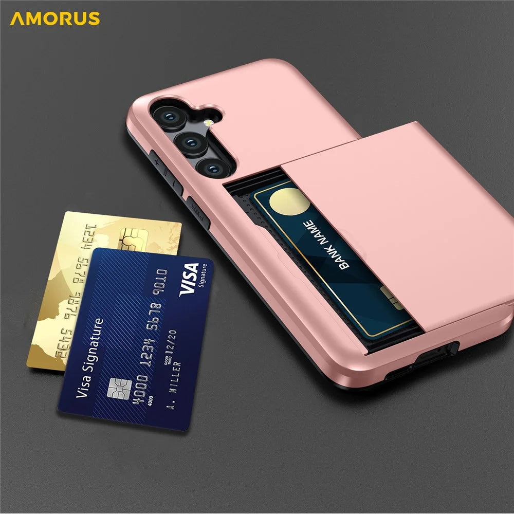 AMORUS For Samsung Galaxy A16 5G / 4G Case with Sliding Card Holder PC TPU Phone Back Cover - Rose Gold - 5