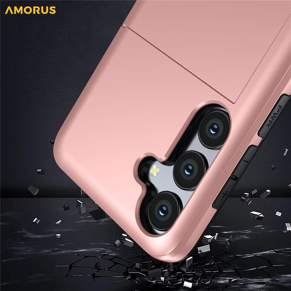 AMORUS For Samsung Galaxy A16 5G / 4G Case with Sliding Card Holder PC TPU Phone Back Cover - Rose Gold - 6