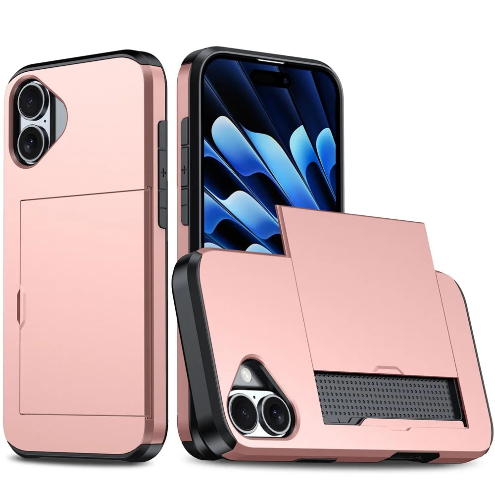 AMORUS For iPhone 17 Case with Sliding Card Holder PC TPU Phone Back Cover - Rose Gold - 1