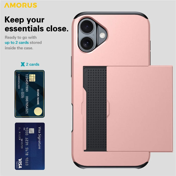 AMORUS For iPhone 17 Case with Sliding Card Holder PC TPU Phone Back Cover - Rose Gold - 2