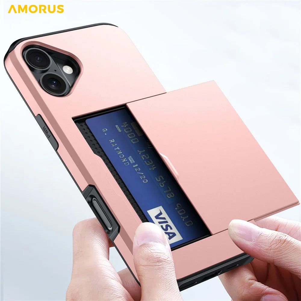 AMORUS For iPhone 17 Case with Sliding Card Holder PC TPU Phone Back Cover - Rose Gold - 3