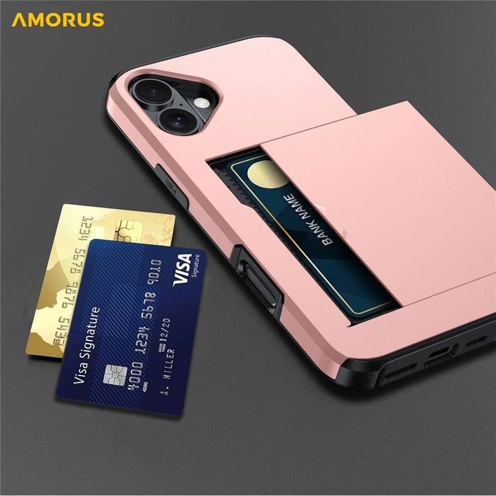 AMORUS For iPhone 17 Case with Sliding Card Holder PC TPU Phone Back Cover - Rose Gold - 4