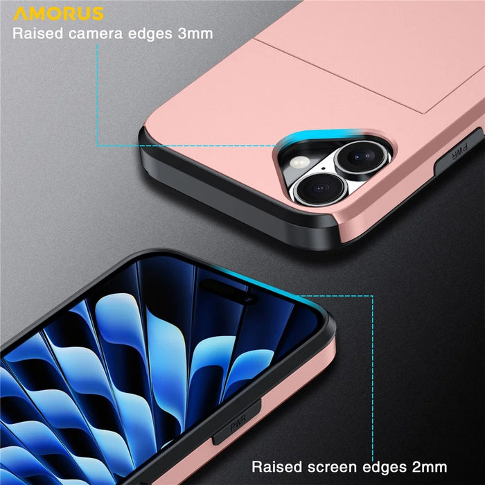 AMORUS For iPhone 17 Case with Sliding Card Holder PC TPU Phone Back Cover - Rose Gold - 5