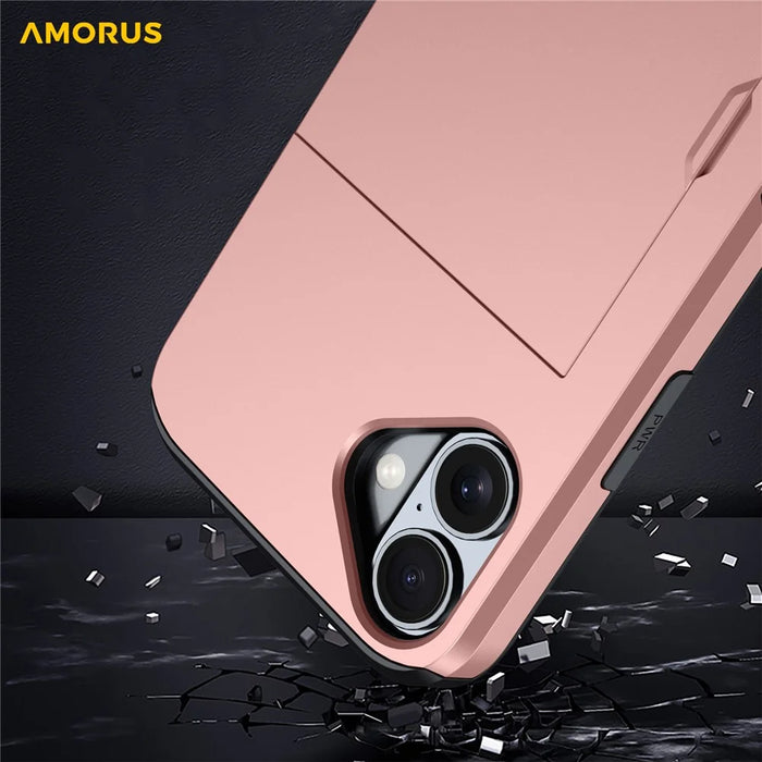 AMORUS For iPhone 17 Case with Sliding Card Holder PC TPU Phone Back Cover - Rose Gold - 6