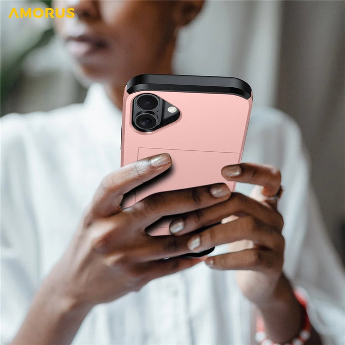 AMORUS For iPhone 17 Case with Sliding Card Holder PC TPU Phone Back Cover - Rose Gold - 7